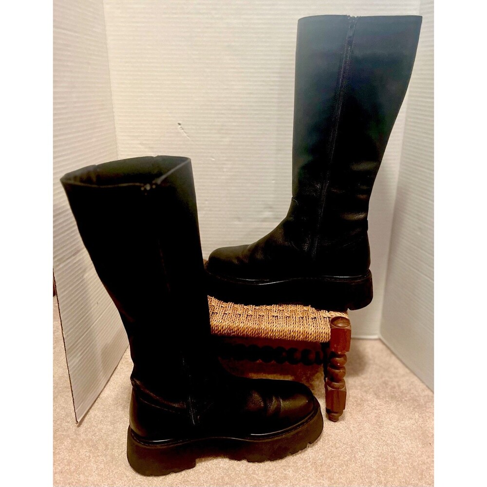 Steve Madden Rex Black Leather Platform Boots Womens 8 Black Wednesday Adams Y2K - Picture 2 of 10
